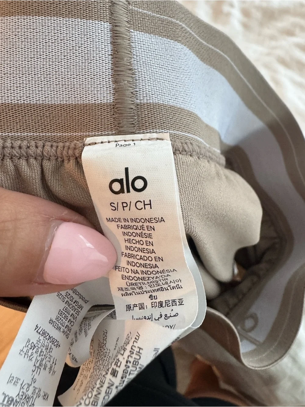 ALO Yoga Ribbed Crop Tank in Taupe and shorts